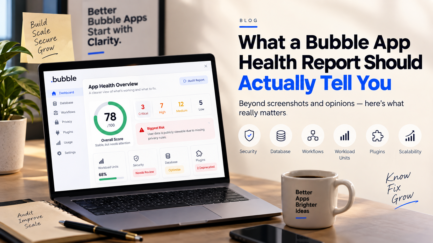 A laptop showing a Bubble app health dashboard — an overall score of 78 out of 100, counts of critical, high and medium issues, the biggest risk called out, and panels for workload units, security, database and plugins.