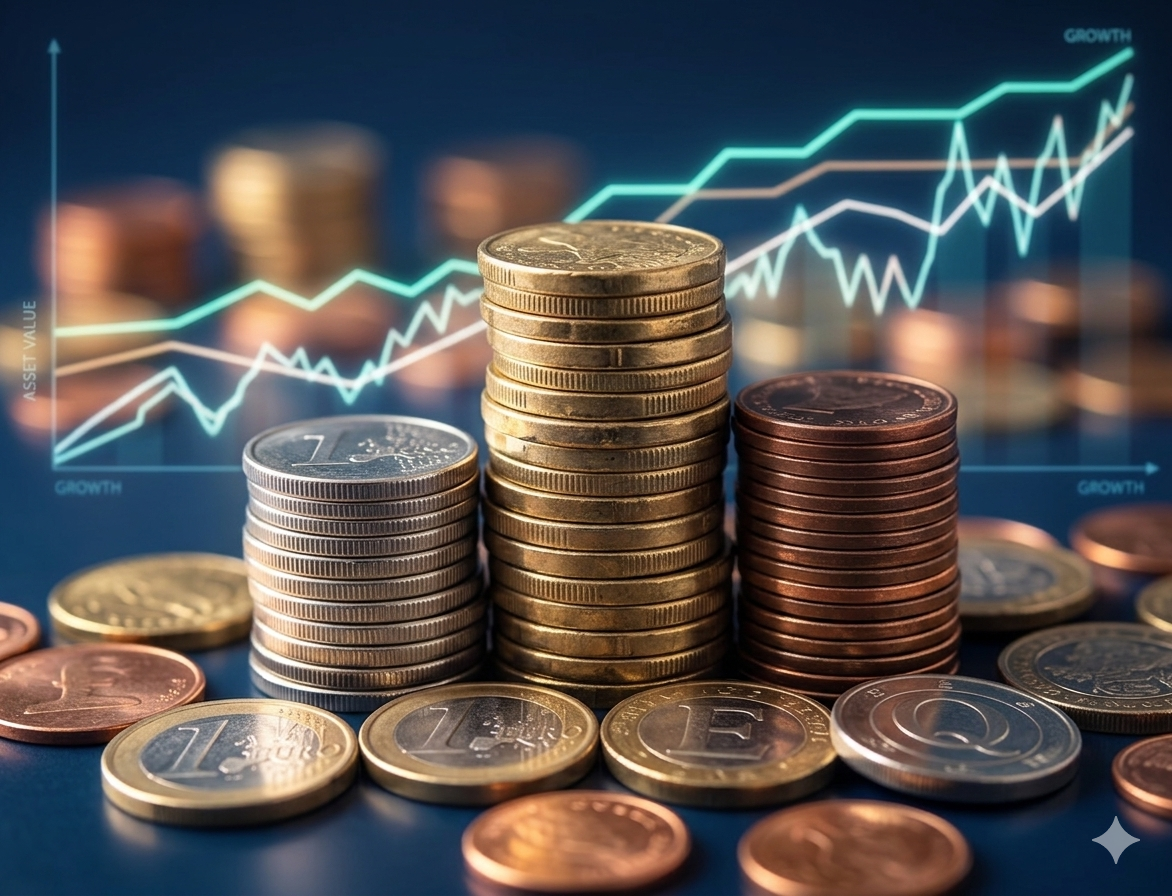 Stacks of gold and copper coins against a dark financial-chart background — the hidden cost of abandoned software.