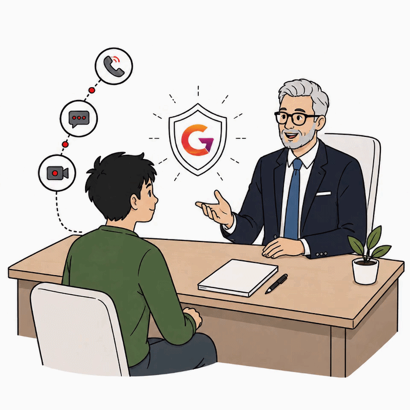 A client at their desk in conversation with a senior GoldenAxe partner, with phone, chat and video channels alongside and the GoldenAxe badge between them.